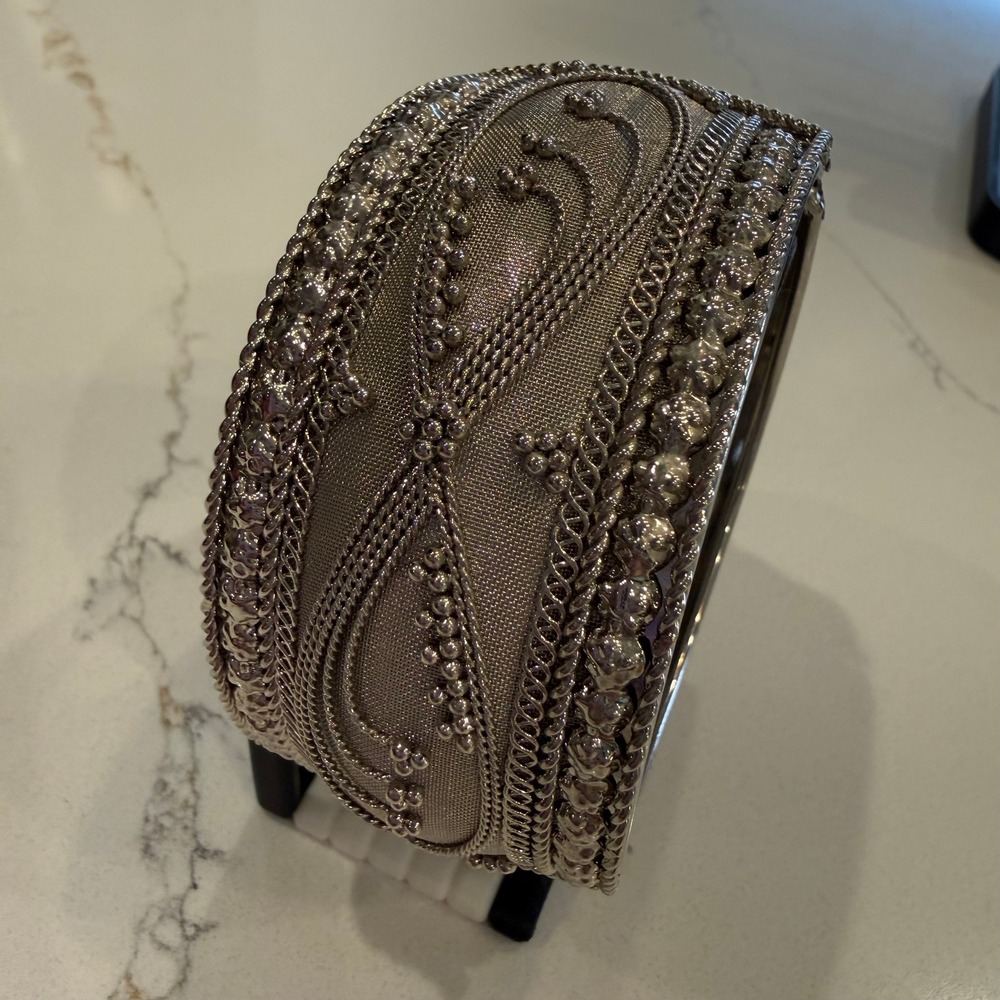 Ornate Silver Tone Wide Hinged Cuff Bracelet Mesh Chain Statement Boho